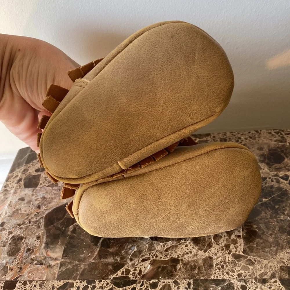 0-3M camel colored fringe trim soft sole shoes